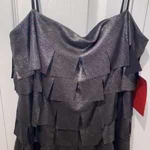 - NWT Dress JS Collections Silver Frayed Formal Dress Evening Midi 12